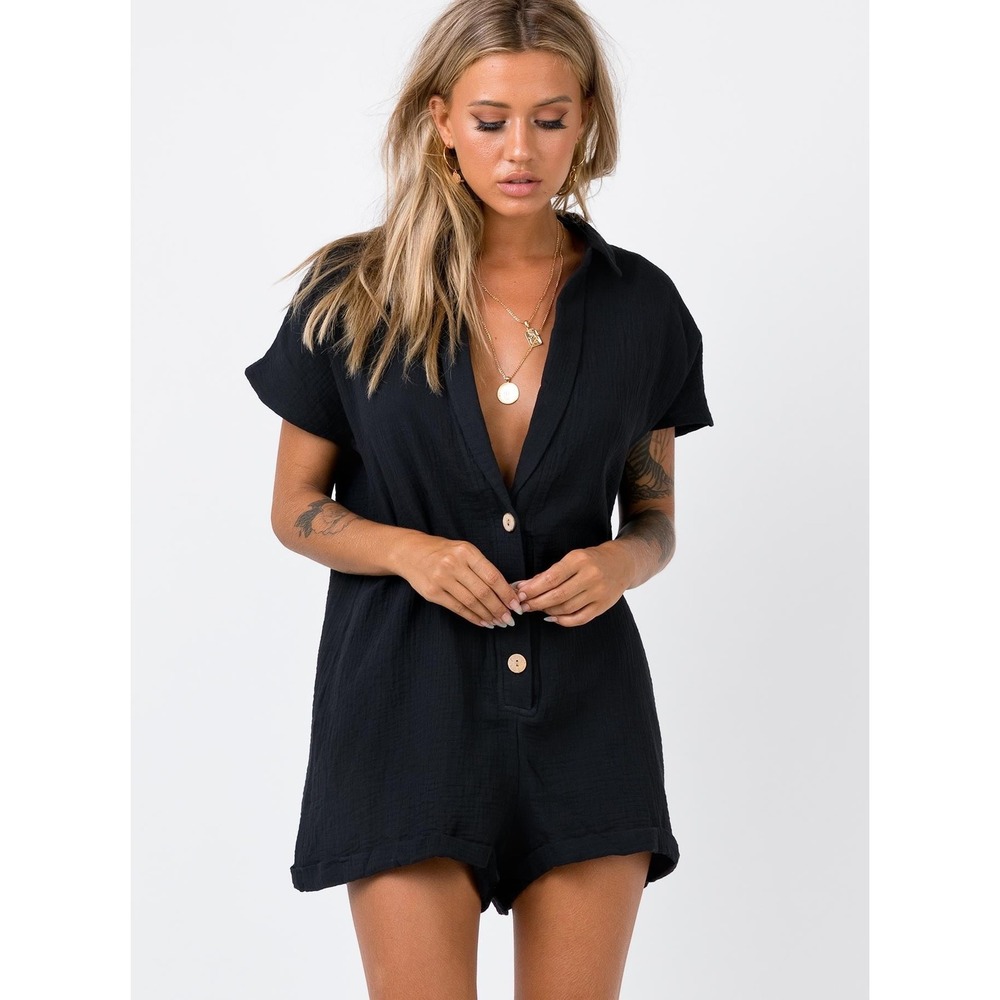 Princess Polly Vixen Romper Black US Size 2 Textured Crinkle Gauze Wood Buttons